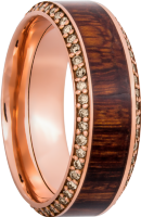 14k Rose Gold 85mm beveled band with an inlay of exotic Natcoco hardwood and eternity chocolate diamond accents