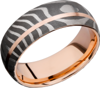 Handmade 8mm Tiger Damascus steel band featuring a sleeve and off-center inlay of 14K rose gold