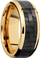 14K Yellow Gold 8mm beveled band with a 5mm inlay of black Carbon Fiber