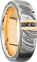 Handmade 7mm Woodgrain Damascus steel band featuring 3, 03ct channel-set black diamonds and a 14K yellow gold sleeve