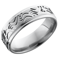 Titanium 7mm flat band with grooved edges and a laser-carved wave pattern