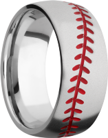 Titanium 8mm domed band with a laser-carved baseball stitching pattern and Cerakote in the pattern recesses