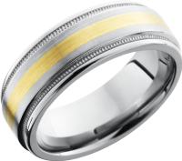 Titanium 8mm flat band with rounded edges and an inlay of 14K yellow gold
