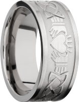 Titanium 9mm flat band with a laser-carved claddagh celtic pattern