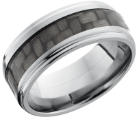 Titanium 9mm flat band with grooved edges and a 4mm inlay of black Carbon Fiber