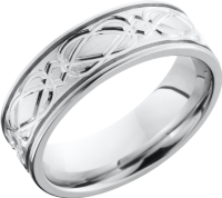 Cobalt chrome 7mm flat band with 2, 5mm grooves and a laser-carved Celtic weave pattern around the band