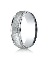 White Gold 7mm Comfort-Fit Hammered Center Polished Round Edge And Millgrain Band
