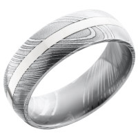 Handmade 8mm Damascus steel domed band with an inlay of 14K white gold