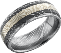 Handmade 8mm Damascus steel domed band with grooved edges and an inlay of Mokume Gane