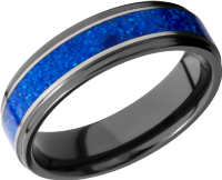 Zirconium 6mm flat band with grooved edges and a mosaic inlay of Lapis