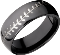 Zirconium 8mm domed band with a laser-carved baseball stitch