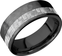 Zirconium 8mm flat band with a 3mm off-centered inlay of silver Carbon Fiber